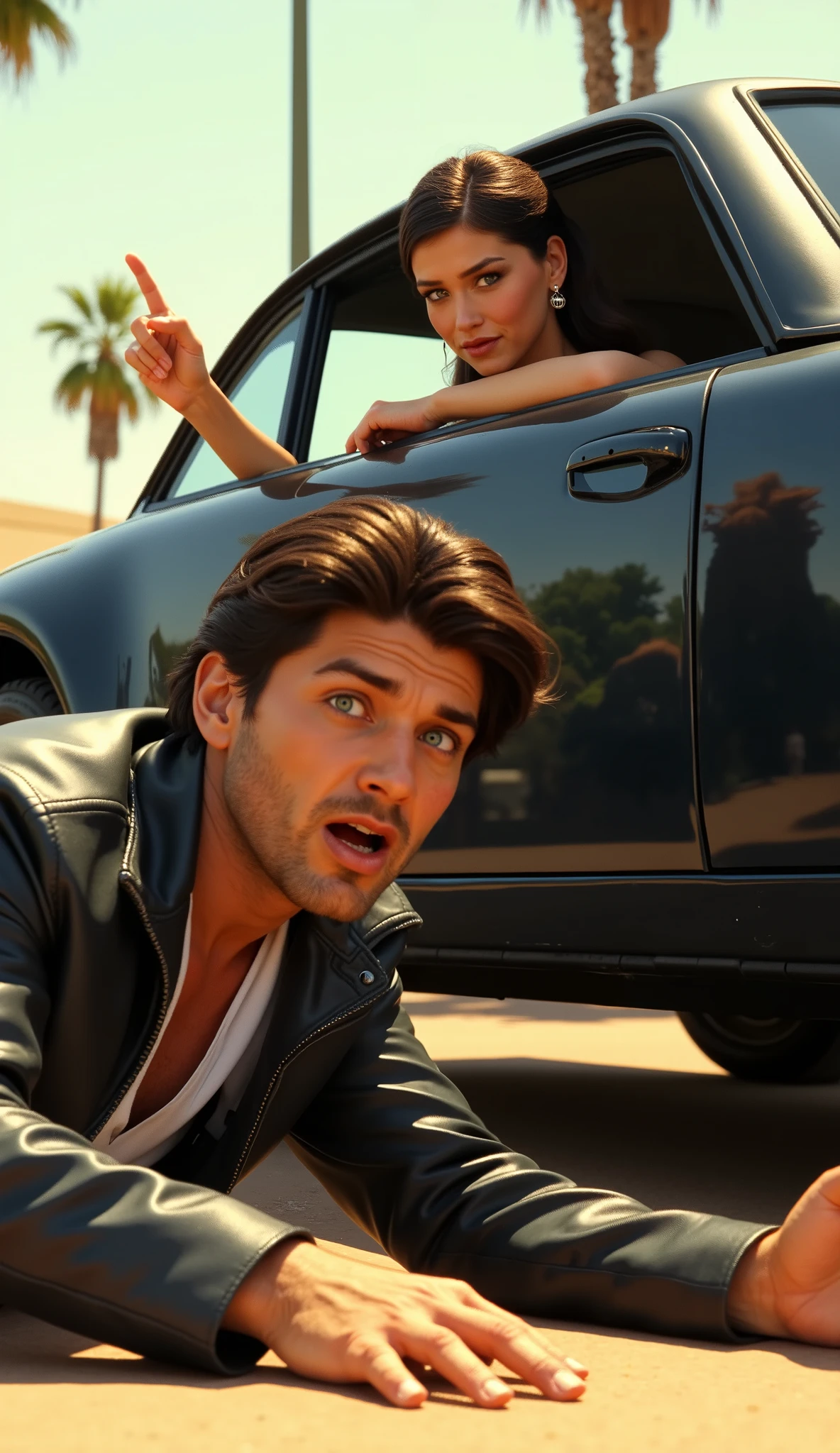 Got it! Here's your revised description, with all comic references removed and rewritten to feel like a vivid 3D-rendered scene:
---
Generate a 3D-Rendered Image Description:
A bold, sunlit 3D scene captures a wild, cinematic moment. In the foreground, a ridiculously handsome man with tousled dark hair and striking electric blue eyes is sprawled dramatically on the ground. His expression is frozen in shock, eyes wide, mouth open, and one hand clutching his chest like he just cheated death. His leather jacket is slightly rumpled from the fall, adding to the drama of the moment.
Just inches away from him, a sleek black Porsche has screeched to a halt, its tires still smoking, positioned at a sharp angle as if it had just braked in a rush. The car exudes power and presence, practically a character in the chaos.
From the driver’s window, a stunning brunette woman leans out, her long dark hair cascading like silk in the sunlight. She wears a devilish, smug grin, eyes sparkling with wicked mischief. With one perfectly manicured hand, she flips him the middle finger, while the other hand stays confidently on the steering wheel—completely unbothered, totally in control.
---