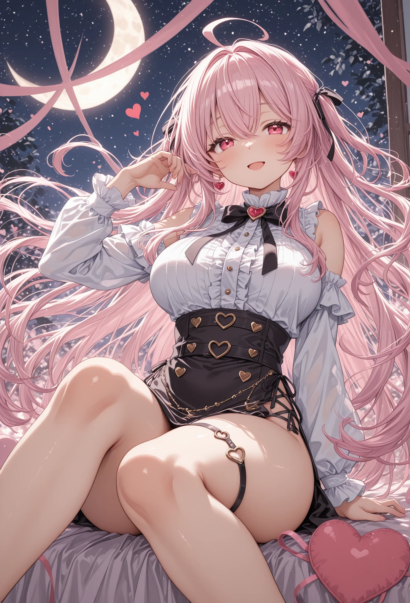 4K, high definition ultra, anime, 1 girl, blue eyes, 15 years old, cute face, long hair, pink hair, smile, shame, ruffle dress, topless, skirt lift, spread your legs, raise your feet, NSFW, show off your pussy, pussy juice, anus, front camera, Low - Angle, cat close up, Night sky with river and beautiful flowers