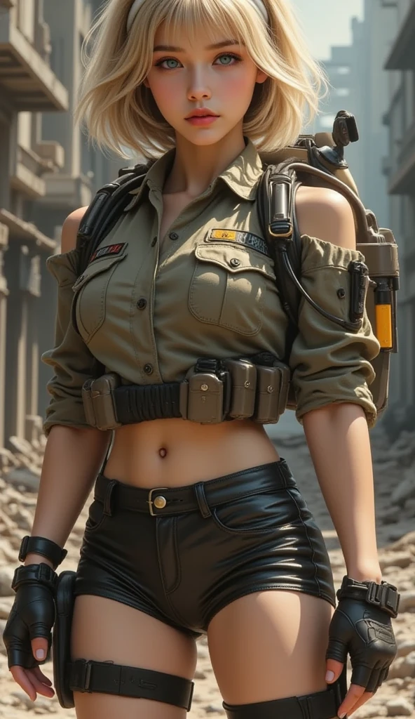 gwen tennyson,tracer,jean gunnhildr, rebecca chambers,atelier ryza,nier automata,close up,mecha pilot,city ruins,tattoos,silver and yellow plugsuit,white short sleeve lycra top,white cargo pants,uncovered belly,short hair,cute makeup,green eyes,dimensional silver hair,shy smile, freckles,beautiful girl,large breasts,4k hd,ultra detailed,realistic,fantasy art,military uniform,aviator uniform, moonlight,pilot garb,steel armor,ear piercings,hair pin,short sleeve pilot jacket,