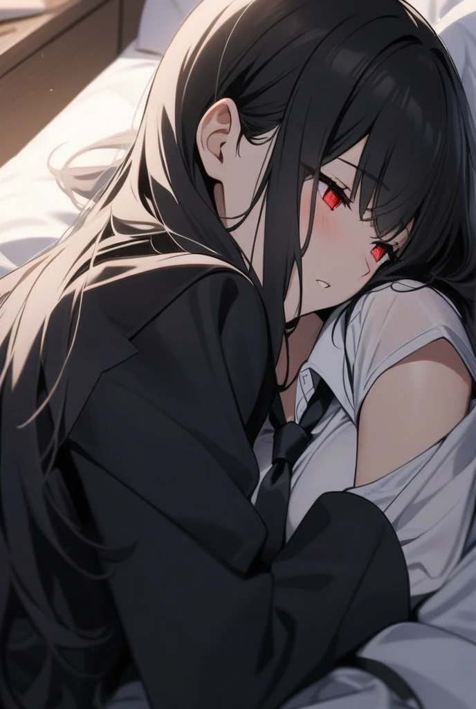 Red eyes, black hair, Lolita beautiful girl lying on the teenager