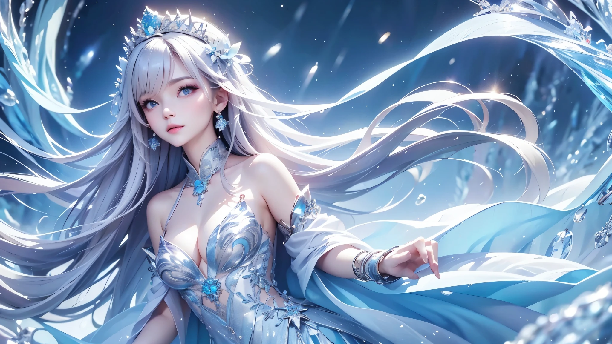 (Upper body photo:1.5)、dutch angle. wood, Exquisite mini ice spikes and crystals, A frozen waterfall in the background, Light reflected by ice crystals, Flowing snowflakes.1 girl、pretty girl,A realistic person,Beautiful cleavage,((small breasts)),Thin legs、Tight waist、standing, Long dress