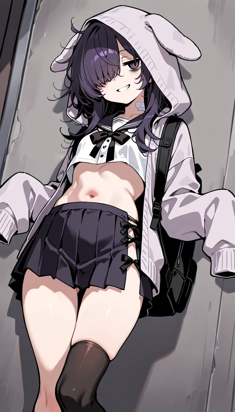 Female, 18 years old, purple-black hair trailing down to cover one eye  eyes christmas underwear nipples and pussy Wear round glasses Twittel hair