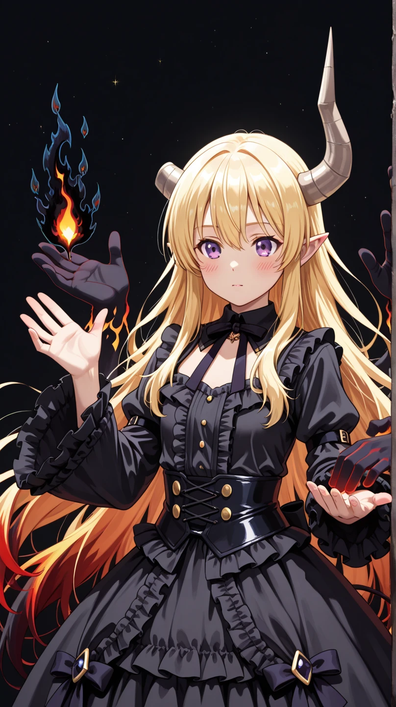 (masterpiece),(best quality),Exquisite visuals,high-definition,(ultra detailed), ((holding a staff)), hellish ((messenger)), a charming girl with (long demonic horns), in the depths of hell,( fire and lava) background, they are in hell. the letter has a heart, she has a (devils tail) and a gothic robe, glowing red eyes, (beautiful detailed eyes),Kawai,loveliness, 4k, full of details, intricate, gentle, beautiful, creepy cute,