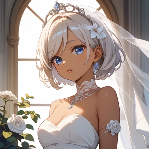 Highest Quality, masterpiece, beautifully detailed eyes, (dark skin), short Blonde Hair, Gradient Hair, pink highlights in hair, large breasts, standing, makeup, glossy lips, strapless wedding dress, (garden), necklace