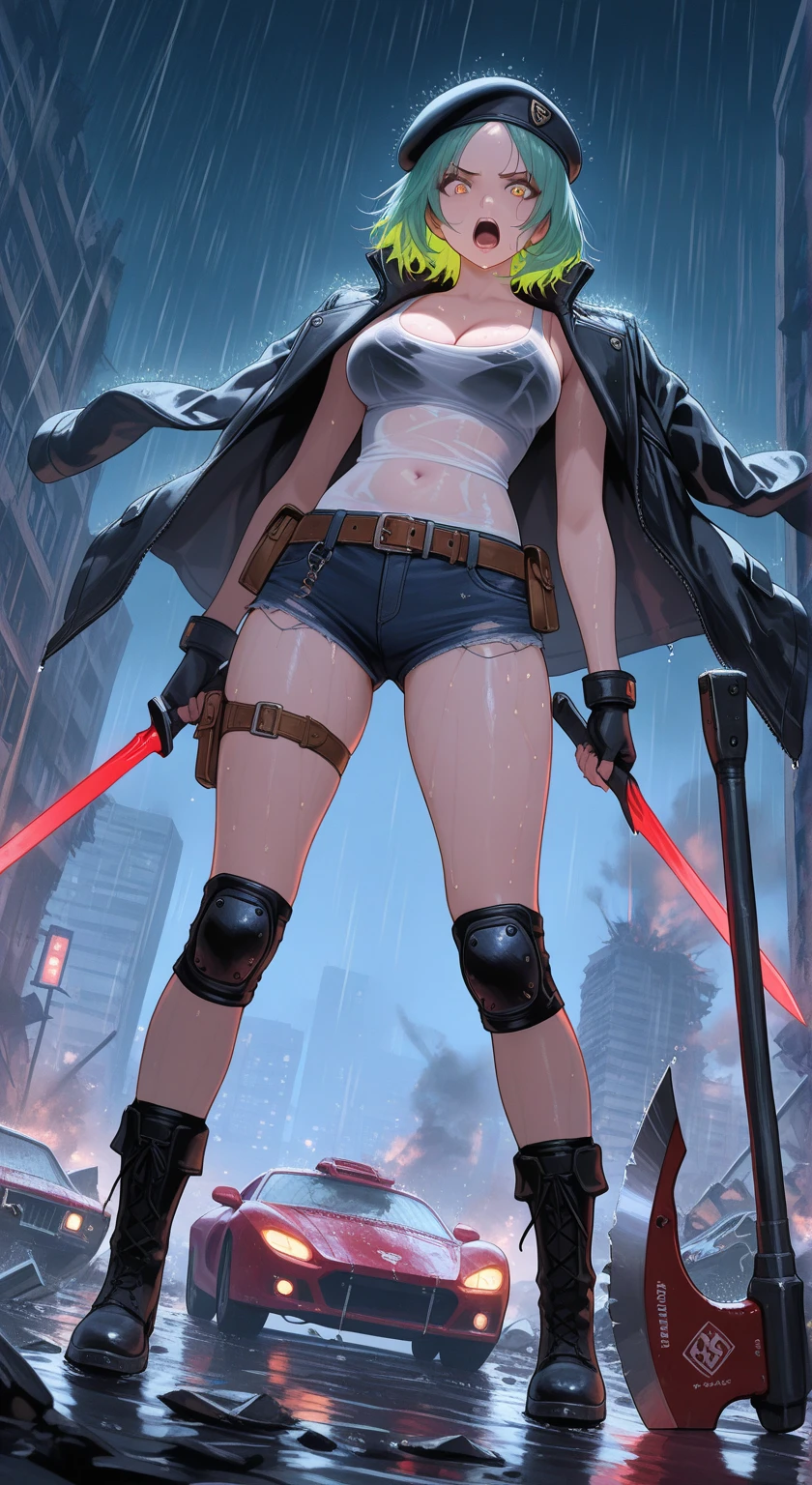 Girl, Thin legs, Navel exposed, Wearing boots, Being attacked by enemies, He closes his eyes in pain and cries, Wearing a jacket