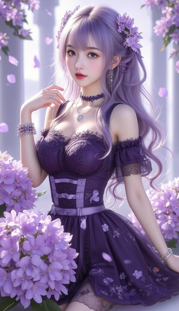 (Masterpiece) , (Best quality), Octane rendering, (The ultra-Realistically: 1.2) , Perfect feature,1girls,, flower frame, breasts, Black dress, Long hair, dress, 独奏, Purple eyes, hair accessory, Animal ears, look viewer, holding, Pink hair, black rose, black flower, Bouquet, roses, Fox ears, trinkets, hair flower, ear decoration, hair between eyes, bangs, thigh strap, large legs, Bare shoulders, Very long hair, purple flower, floppy ears, open back dress, purple rose, alternate costume, Cowboy shot, holding bouquet, Closed mouth, Detached sleeves, chandeliers, Indoors