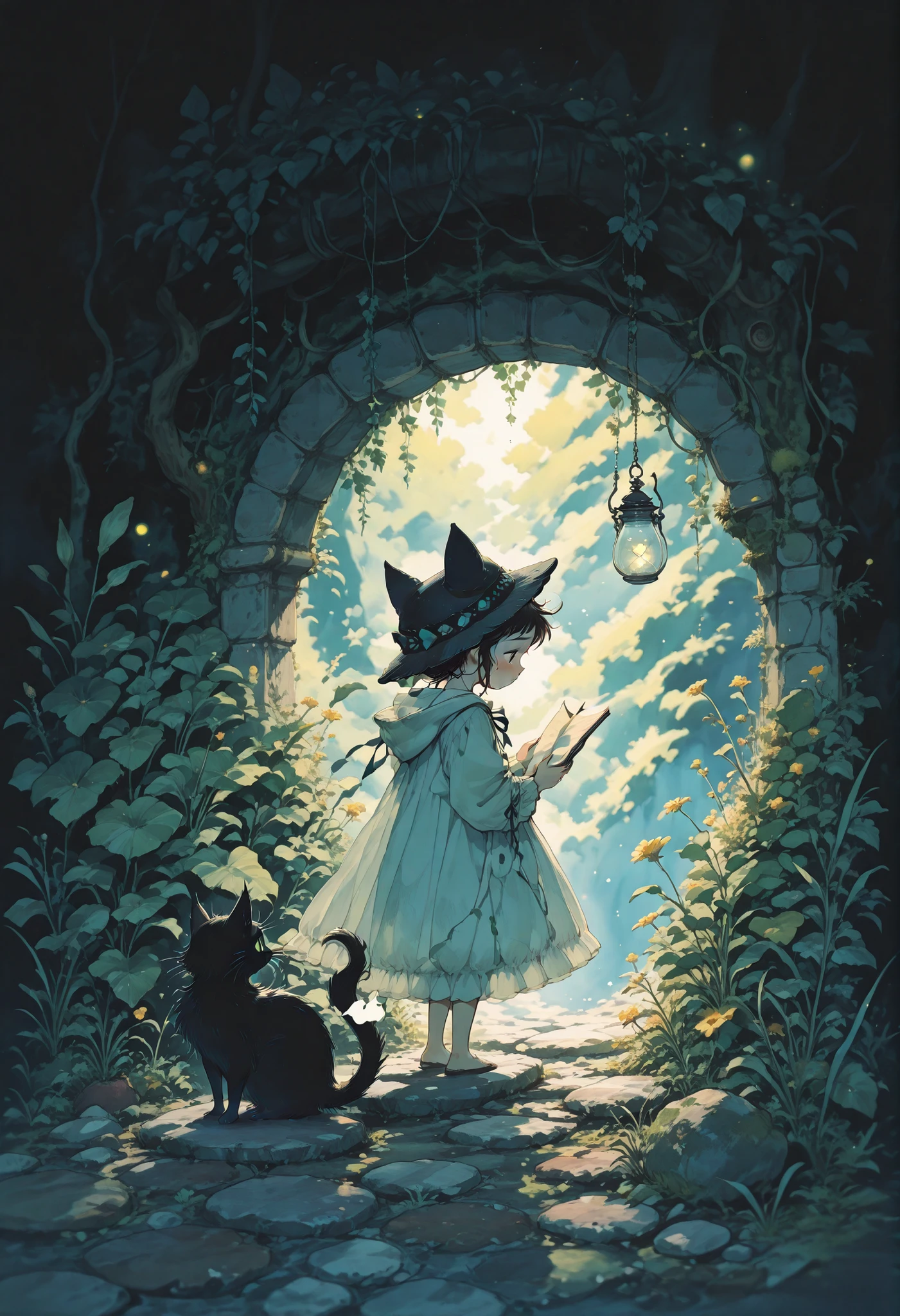Studio Ghibli Dark Fairytale, Little Traveler in the Cat Mimi Hat、1girl