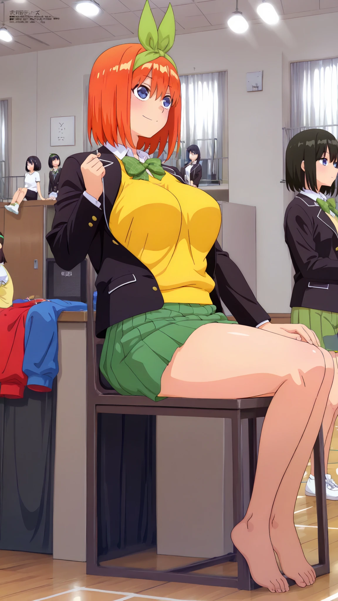 1girl,unwellness y0tsuba, large breasts, orange hair, blue eyes, short hair, hair between eyes green bow hairband, black blazer, open blazer, yellow sweater vest, white collared shirt, bowtie, plaid bowtie, green skirt, pleated skirt,large breast,thick thighs,Gymn4s3,sitting on the floor grasping one's knees (as in a gym class),,score_9, score_8_up, score_7_up, rating_safe, masterpiece, best quality, absurdres, unity 8k wallpaper, official art, official style, source_anime, uncensored, game cg, megami magazine,taiikukan, indoors, sportswear, multiple girls, indoors, photo background, shorts,6+girls, ceiling light, black hair, ceiling, stage, wooden floor, gym uniform, sportswear,