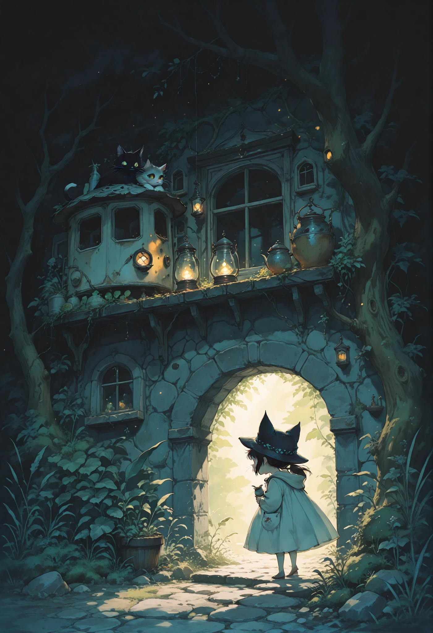 Studio Ghibli Dark Fairytale, Little Traveler in the Cat Mimi Hat、1girl