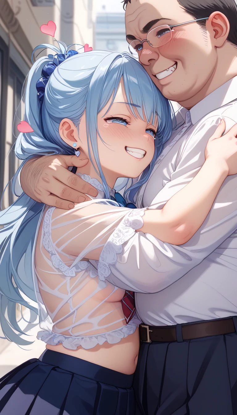 NSFW,masterpiece,Highest quality,High resolution,Super detailed,Star Town Suisei\(Hololive\),Blue Hair,One Side Ponytail,Blue Eyes,Small breasts,(High-quality see-through dress,silk),Estrus,smile,blush,(Sweat),Luxurious Room,Party Venue,chandelier,(Middle-aged men),A man puts his hands on her waist and hugs her,Having sex,Insert,Creampie,heart,From the side
