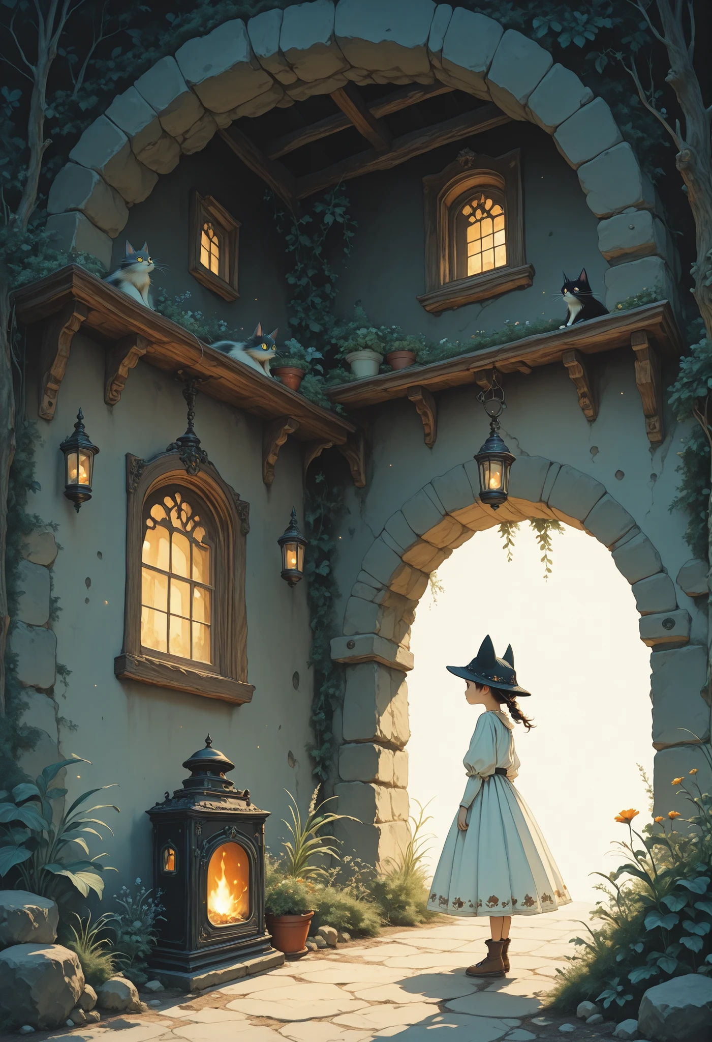 Studio Ghibli Dark Fairytale, Little Traveler in the Cat Mimi Hat、1girl