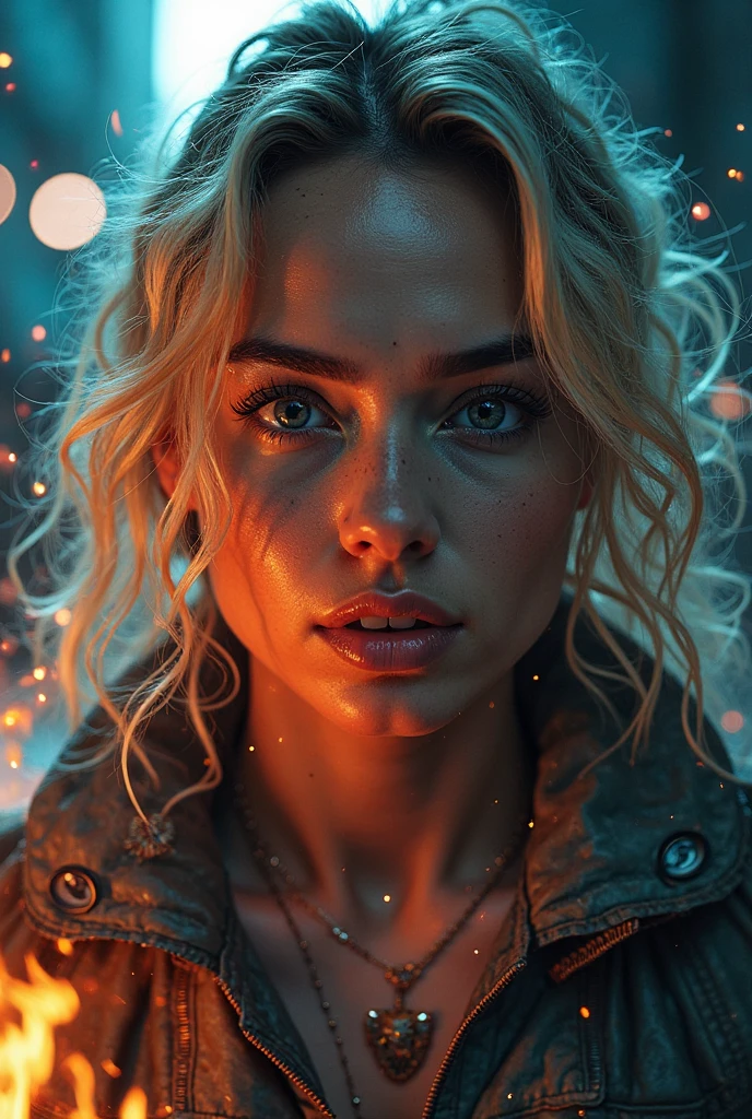 ultra-realistic woman, Brunetette, with blond hair, super strong, shooting rays from his eyes