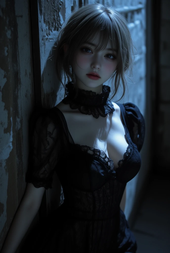 ((masterpiece , best quality, 8k,)), Korean woman in her 20s , slim , (huge breasts:1.3) , (I have a lot of hair: 1.3), (messy hair:1.3) , short hair style, (dark circles under the eyes:1.3) , (smile: 1), (Dark cave: 1.2), (sheer clothes: 1.3), devil