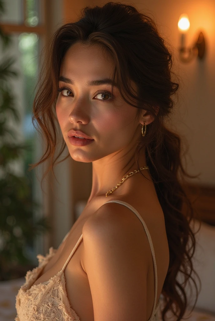 wlop, 23 year old woman, standing, seductive, smooth skin, shoulder length brown hair, bright blue green eyes, thin eyebrows, fair skin, blushing cheeks, perfect body, big breasts, white dress, cleavage, castle hallway, eye contact, seductive smile, high detail, feminine facial features, slim, slender, high resolution, real girl, realism, realistic, soft lighting