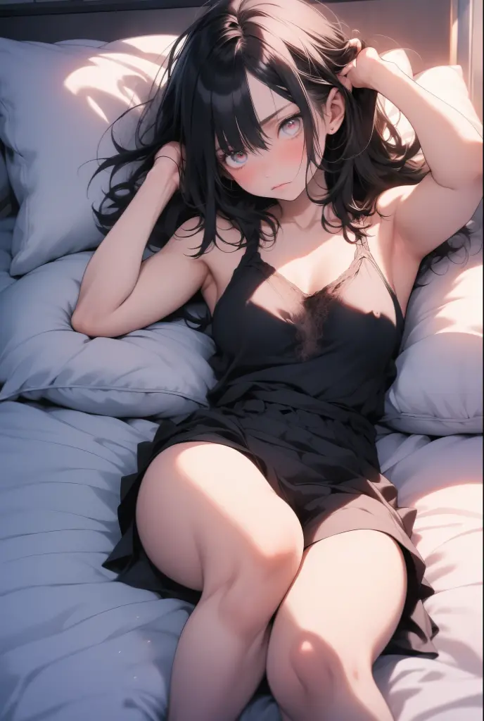 top-quality、hight resolution,  (figure skating dress costume girl)、Slender Line、Looks like a model, Open legs on the bed、Lying down and spreading legs、Panty exposure、Black hair ponytail、small tits、full of sweat、Dripping sweat、embarrassed from、