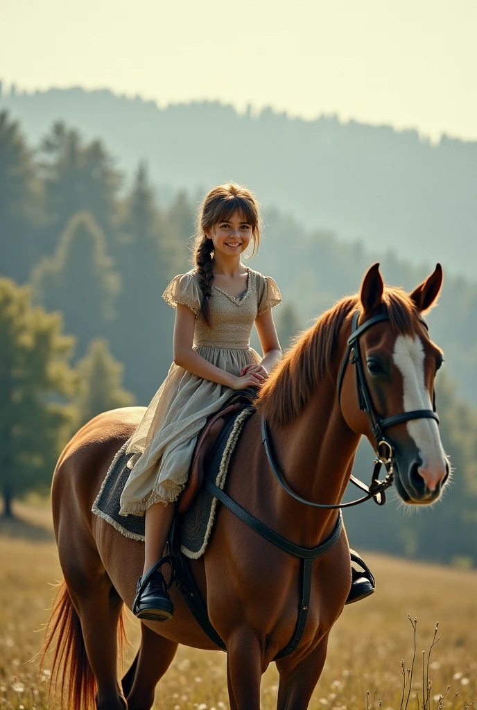 disney princess, lively, with brown hair, brown skin, Honey eyes, cartoon, with turquoise dress, princess cut, on a field, with his pet, a brown horse