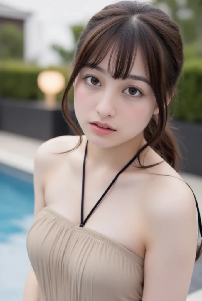 (Surreal), (Awareness-raising), (High resolution), (8k), (Very detailed), (The best Awareness-raisingns), (Beautiful attention to detail), (Highest quality), (Ultra-detailed), (masterpiece), (wallpaper), (Detailed face), (Beautiful smile)、(Beautiful Face)、length、Bangs with earrings、solo、(((Beautiful girl with cute Japan)))、 Beautiful Japanese adult girl 25 years old))、 ((Baby Face))、(((D cup big)))Stir、Realistic Skin、Hair blowing in the wind、Night Pool、Purple underwear、Cute Face、Adult Beauty