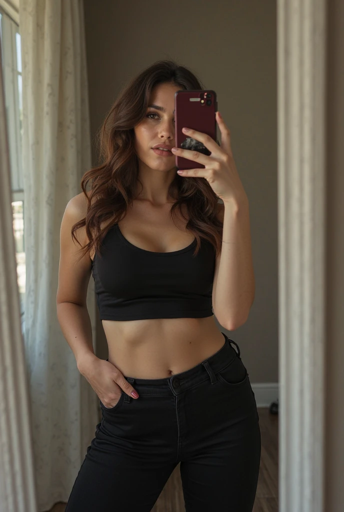 A brunette woman taking a selfie in a mirror wearing tight jeans and a sexy black top.