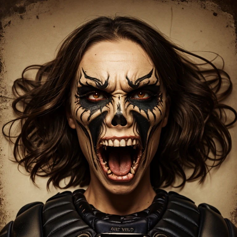 Person looking straight ahead with a dark mask of bone and sharp teeth with a tired look crying blood 