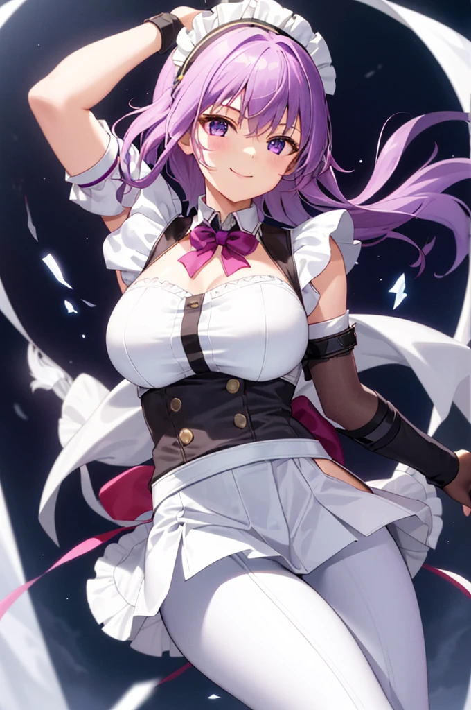 highest quality、Female 1,22 years old,All limbs、Perfect limbs、Accurate ???????、Detailed depiction,Super beautiful woman,Slender beauty、short hair、Black Hair、Purple Eyes,Pink Cheeks,Beautiful Skin,White and purple idol costume、Dark purple panties、Knee-high socks、Beautiful big breasts、Exposed thighs,Live Stage、sing、Dancing、(Provocative smile),The white spotlight shines on her.