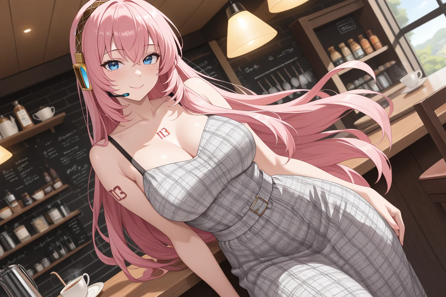 A girl, long pink hair, white slip dress, delicate face, thin waist, milky skin, sexy, clear cleavage, inside the café, sitting, surprised, slightly frowning