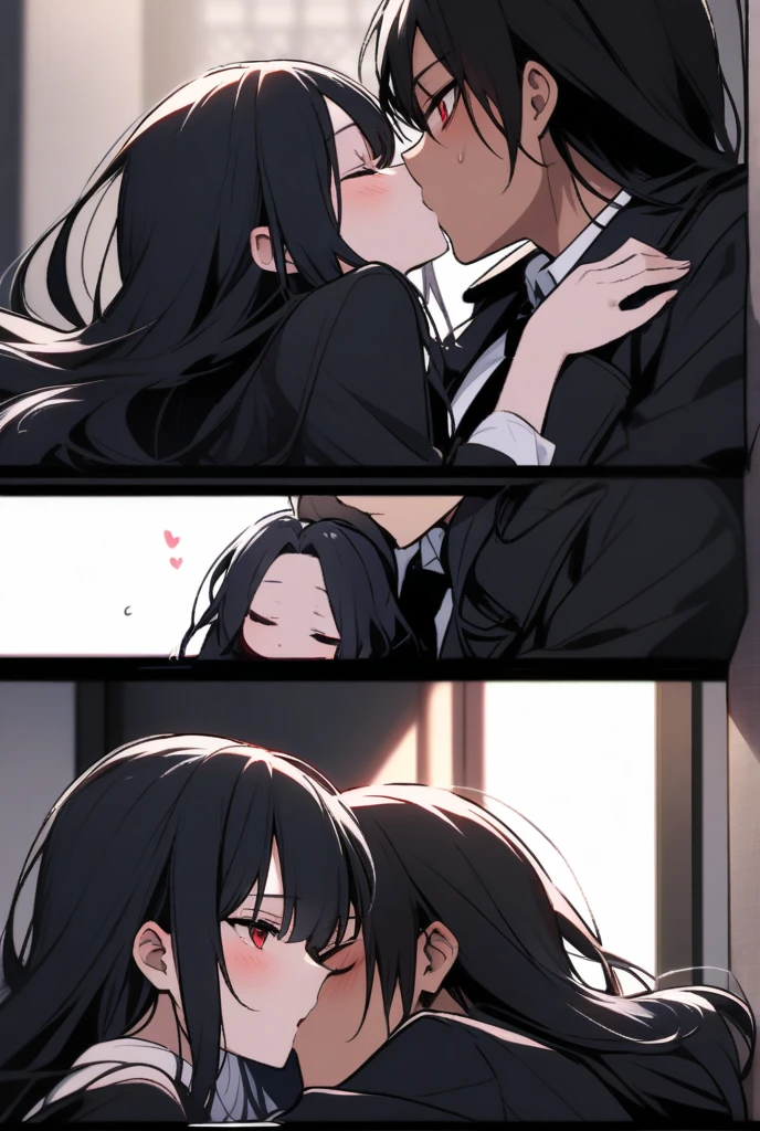 two girls, romantical atmosphere, school setting, , kissing eachother , blushing, passion