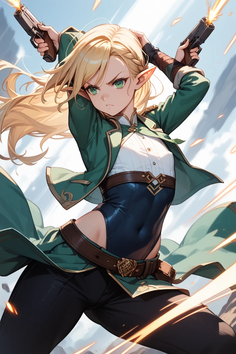 (masterpiece, best quality) detailed, Wearing black tights, silver accessories , blonde ,elegant, pointed ears ,Chinese element pattern,White shirt,torn clothes