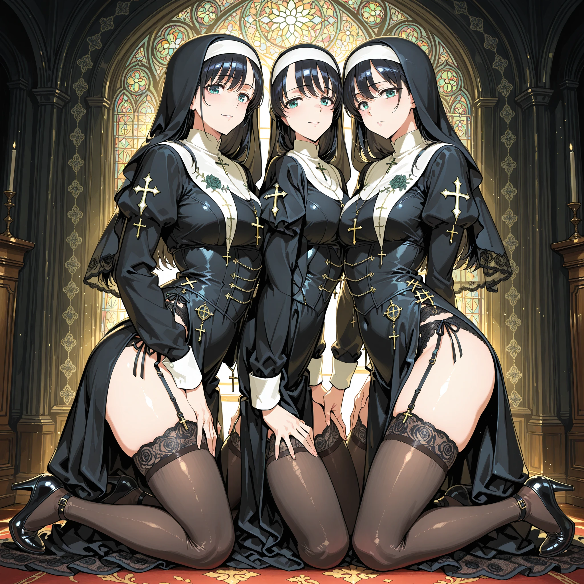 Dynamic shot, ((3 females)), A picture of 2 beautiful succubus demon girls and 1 sexy nun on a leash, ((2 demon girls and a nun)), nun, demons, beautiful demon girls, dark, sexy, nun on a leash, (golden leash), collar, bdsm, beautiful bodies, highly detailed faces, stockings, leather tight boots, horny, from below, closeup