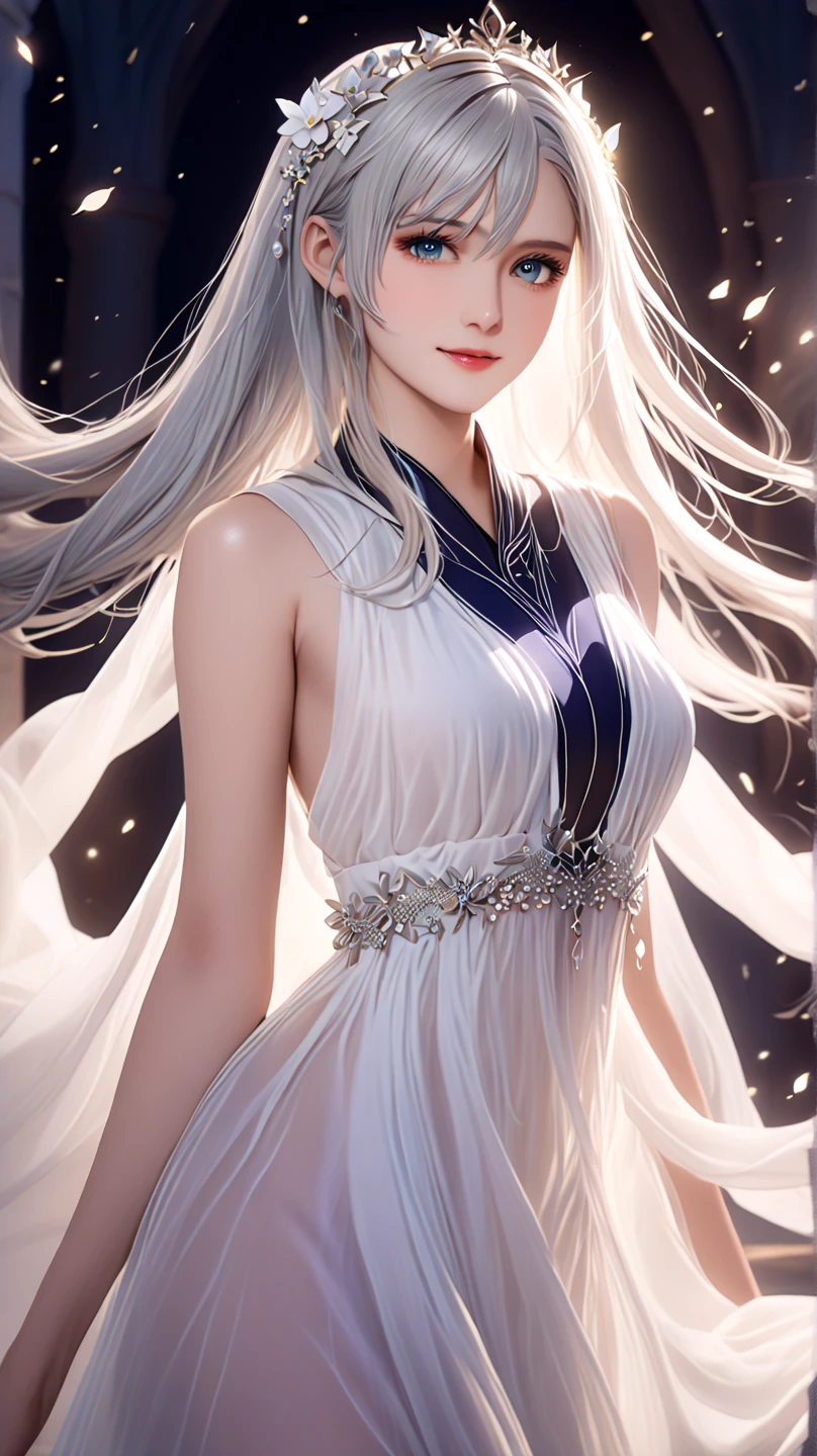 ((masterpiece:1.5、8k、Portraiture、フォトリアリスティックでVery detailedなCG、Very detailed、Particle Effects、Dynamic Effects、Shallow depth of field、Cinematic Light、Lens flare、Ray Tracing、Tabletop、Realistic:1.4、Ultra-high resolution:1.2、Realistic、Realistic))((alone、Off-the-shoulder clothing、Cashmere coat:1.4、Elegant woman posing、look up、Detailed face、bright表情、young, bright, Whiter skin、small breasts、Beautiful cleavage、Best Looks、Ultimate beauty、Shiny silver hair with highlights、bright and shiny hair,、Super long, Silky straight hair、Hair dancing in the wind))(morning、The setting is outdoors in the snow、Surrounded by illuminations)