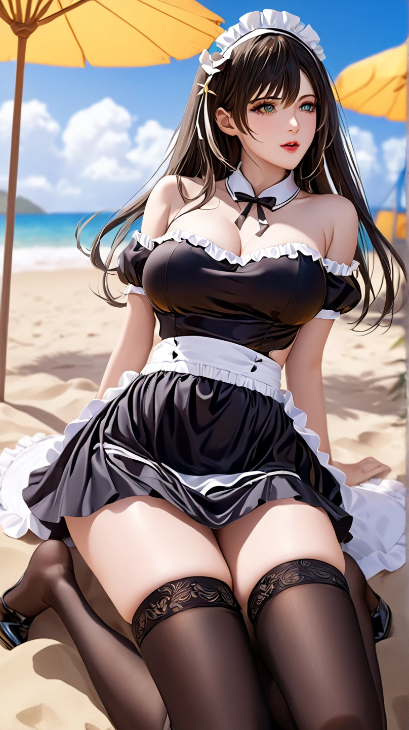 30 years age women, wearing corset maid, stocking, perfect face, beautiful eyes, black long Hair in two pigtails, stand at the sunset beach, smile, black eyes