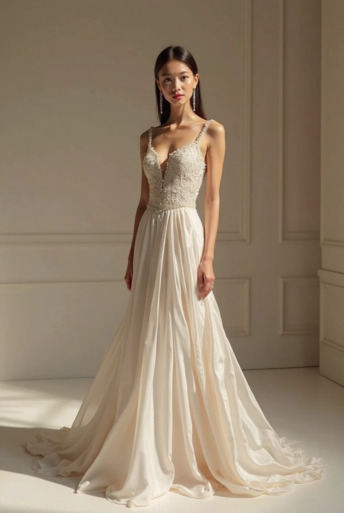 Best quality, 8k, 32k, Masterpiece, Masterpiece, (Photorealistic: 1.4), RAW photo, ultra realistic, 1girl, Fashion model, pose Stand upright in white room, wearing evening wear inspired by 1990's dior, photographed by Eugenio Recuenco and lauren greenfield, dynamic poses, photorealistic in Manhattan