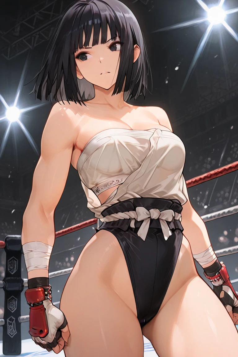 In the heat of battle, two fierce women face off in a boxing ring. Female 1's long green hair flows behind her as she locks eyes with her opponent. Her red eyes burn with determination, matching the intensity of her black bra, black miniskirt, white socks, and black shoes. Her black boxing gloves are raised, ready to strike, showcasing her big, firm breasts, slim waist, and thick thighs. Her angry face is a mask of focus and power, highlighted by a sheen of sweat that glistens on her skin.
Across from her, Female 2 stands defiantly, her short blue hair framing her face. Her black eyes glare back at her adversary, mirroring the white bra, white miniskirt, black socks, and white shoes she wears. Her white boxing gloves are poised for action, emphasizing her own voluptuous figure with big, enticing breasts, a slim waist, and thick, muscular thighs. Like Female 1, her expression is one of fierce determination, and her body is also slick with sweat, evidence of the intense battle unfolding between these two formidable opponents.