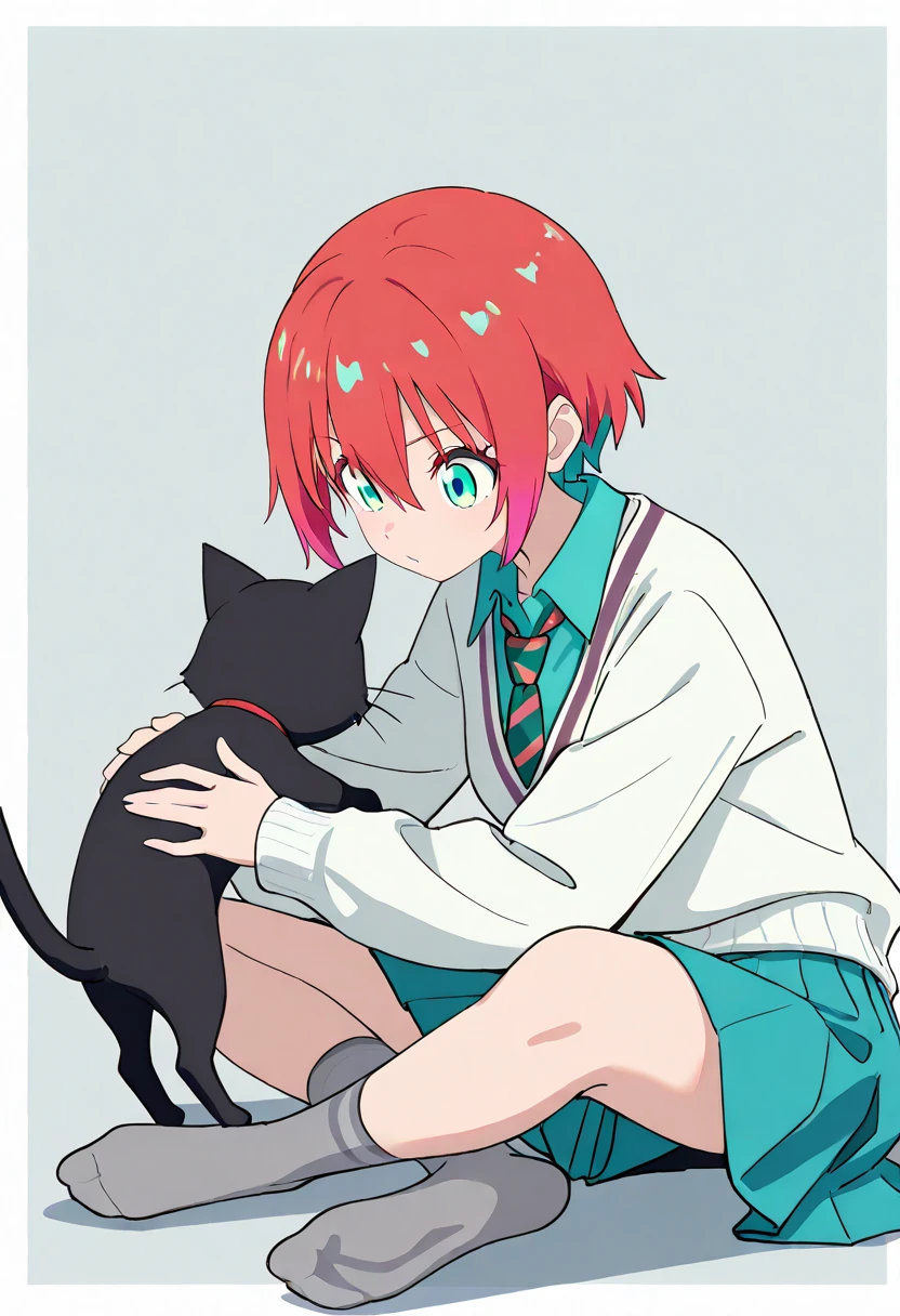 (beautiful girl : 1.3),1 girl playing with a cat,(GQuX-amate_Concession,Red hair,multicoloRed hair,short hair,aqua eyes, aqua shirt),(striped tie,Aqua Skirt,grey socks,), ,masterpiece,Highest Quality,rich contrast,High Definition,8k,High Definition CG Unit Wallpaper,Textures,Incredibly Absurd,RAW pictures,Deep Border 1 .2,Highly detailed large eyes, vector illustration,strongest,beautiful anime style girls, Lofi Art, Cute girls, Highest Quality、ウルトラ - high resolution、high resolution、Highly Detailed CG、