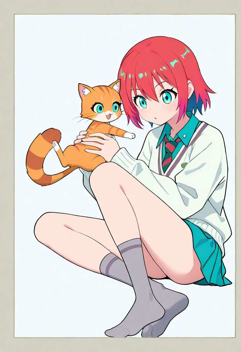 (beautiful girl : 1.3),1 girl playing with a cat,(GQuX-amate_Concession,Red hair,multicoloRed hair,short hair,aqua eyes, aqua shirt),(striped tie,Aqua Skirt,grey socks,), ,masterpiece,Highest Quality,rich contrast,High Definition,8k,High Definition CG Unit Wallpaper,Textures,Incredibly Absurd,RAW pictures,Deep Border 1 .2,Highly detailed large eyes, vector illustration,strongest,beautiful anime style girls, Lofi Art, Cute girls, Highest Quality、ウルトラ - high resolution、high resolution、Highly Detailed CG、