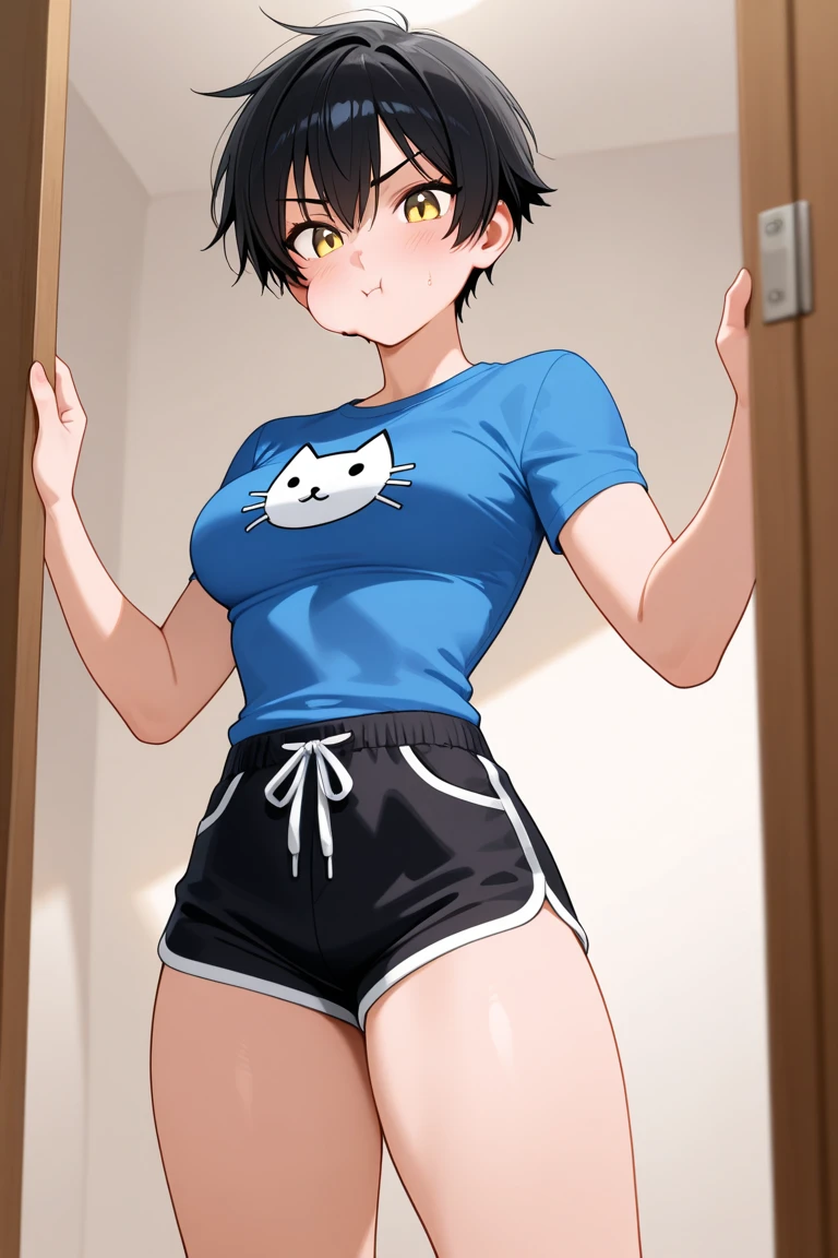 A woman wearing white short sleeves and black leggings，Posing for photos leaning against the door, Exposing the abdomen，The figure is good，The head is not exposed，[ 4K realism ]!!, [ 4K realism ]!!!, [ 4K digital art ]!!, Realistic shadow perfect body, realisticlying!!!!!!! art-style, photorealistic anime, by Shitao, Popular topics on cgstation, Casual pose, realistic anime 3D style