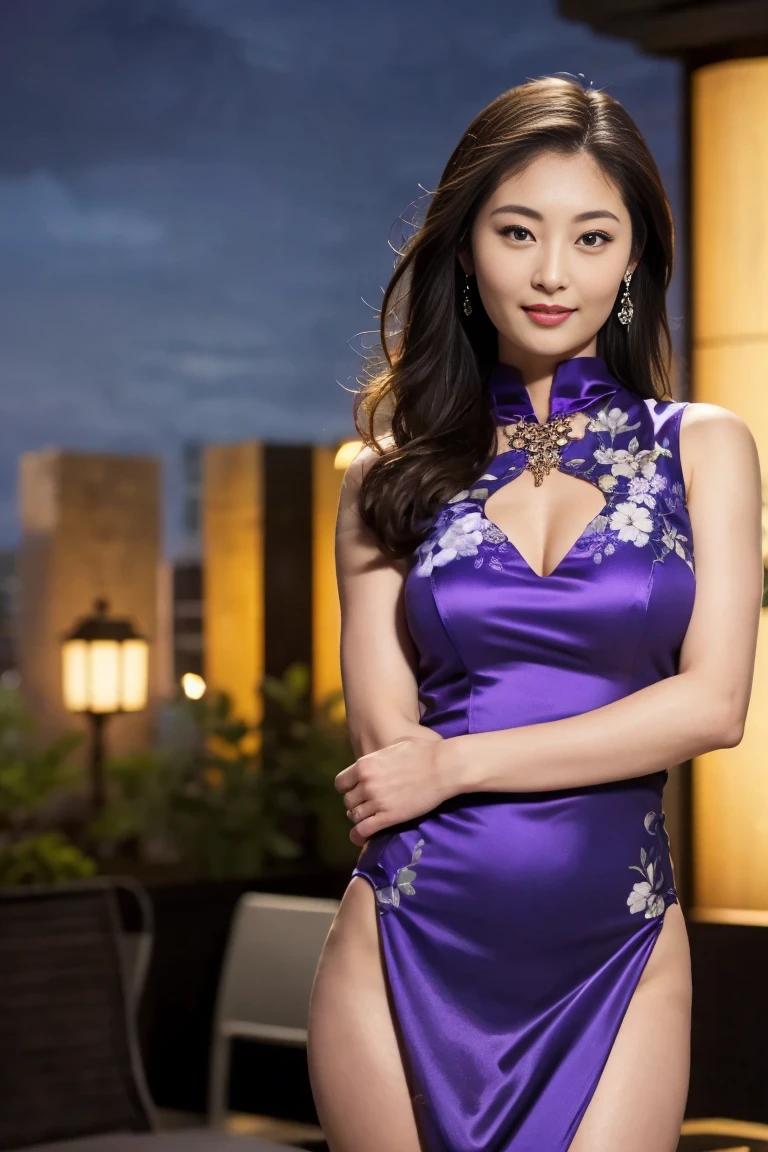 good anatomy, masterpiece, best quality, quality, 1 oriental girl, from the top of a building, blue glass, star room, looking out of a dark blue glass window, looking at the city, she has NECKLACE skin, 2, long hair, beautiful clothes, dark purple, side pose, full body, long hair, in the background the largest buildings in Shanghai, colorful, tall, imposing, realistic, ((evening))