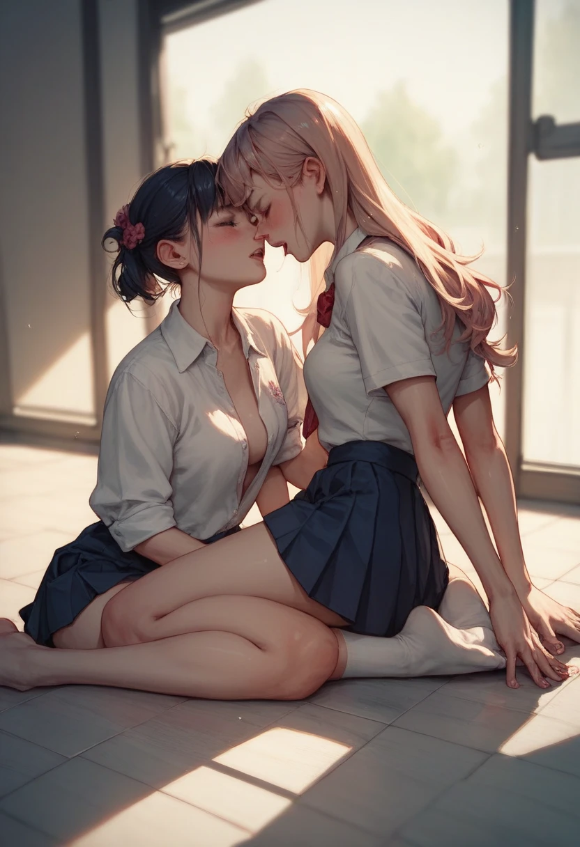 super high quality,Delicate depiction,Detailed Expression, masterpiece, anime, Lesbian, Japanese Art, Detailed expression,カラフルな日本のアダルトanime, Confirming Love2人, Medium blonde hair and lilac eyes, Medium brown hair and brown eyes, Casual clothing, skirt, T-Shirts, dress, A deep kiss, Kiss on the mouth, Tongue kiss, Dense, Browsing Caution, saliva,Drool dripping: 1.5, Are standing, Blushed, close your eyes, night, Dim lighting, performer, moon, bench, wood, green, Grass, garden, Close Contact,Desire,Confirming Love, 