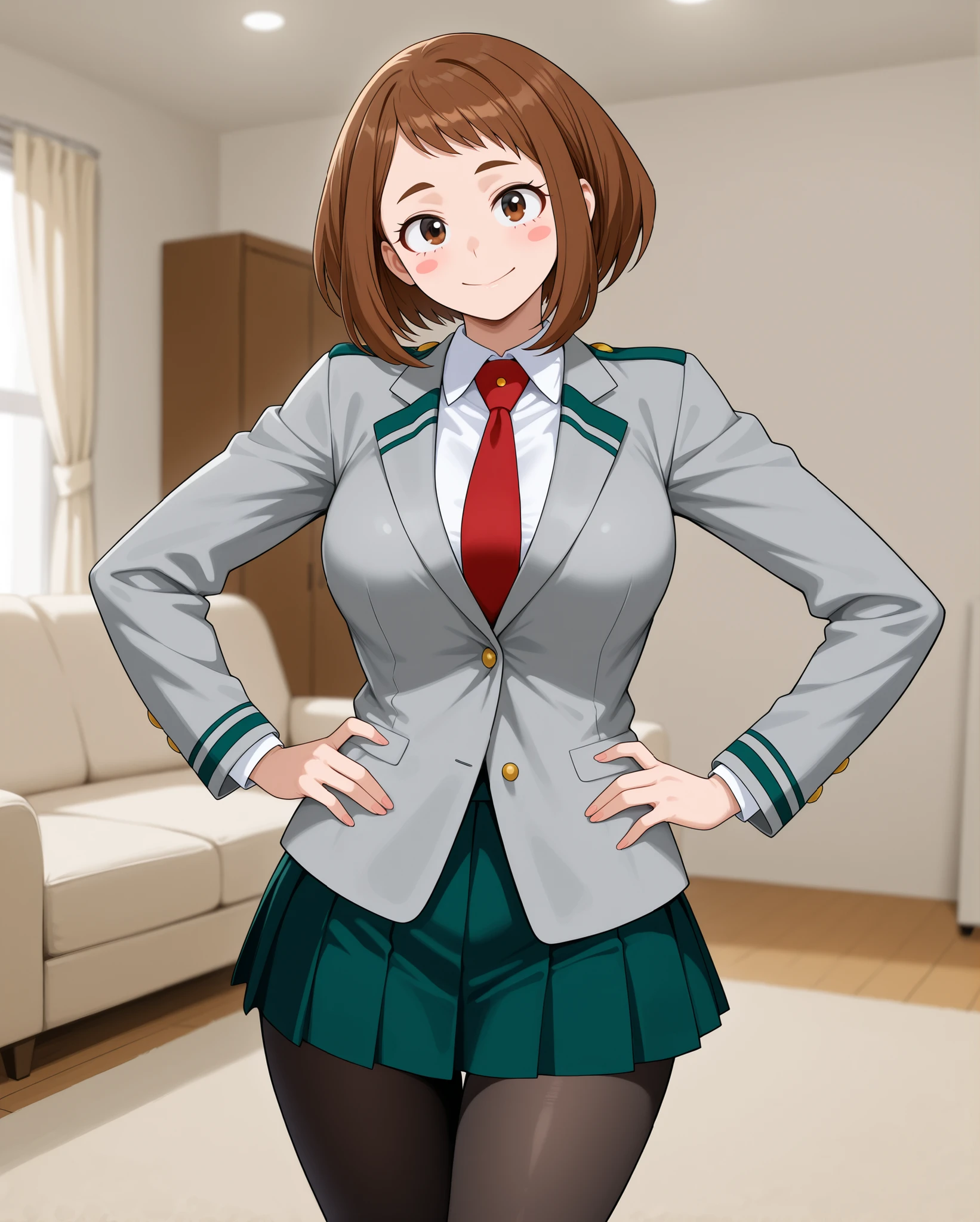 Ochako Uraraka\my hero academia\,
brown hair, brown eyes, short hair, blush stickers,
Ochako Uraraka\my hero academia\ outfit,
u.a. school uniform,
grey blazer, long sleeves, blazer,
white collared shirt, white shirt, collared shirt, red necktie,
green pleated skirt, skirt,
pantyhose, black pantyhose,
living room, sofa, blurry background,
1 girl, solo, wide shot,
happy, looking at viewer,
hands on hips, standing,
front view, from front,
eye-level shot, cowboy shot,
highres, detailxl, opaque clothes, IllusP0s, masterpiece, best quality, newest, source_anime, wide eyes, seductive female, realistic proportions, (mature female,) adult, aged up, slim,