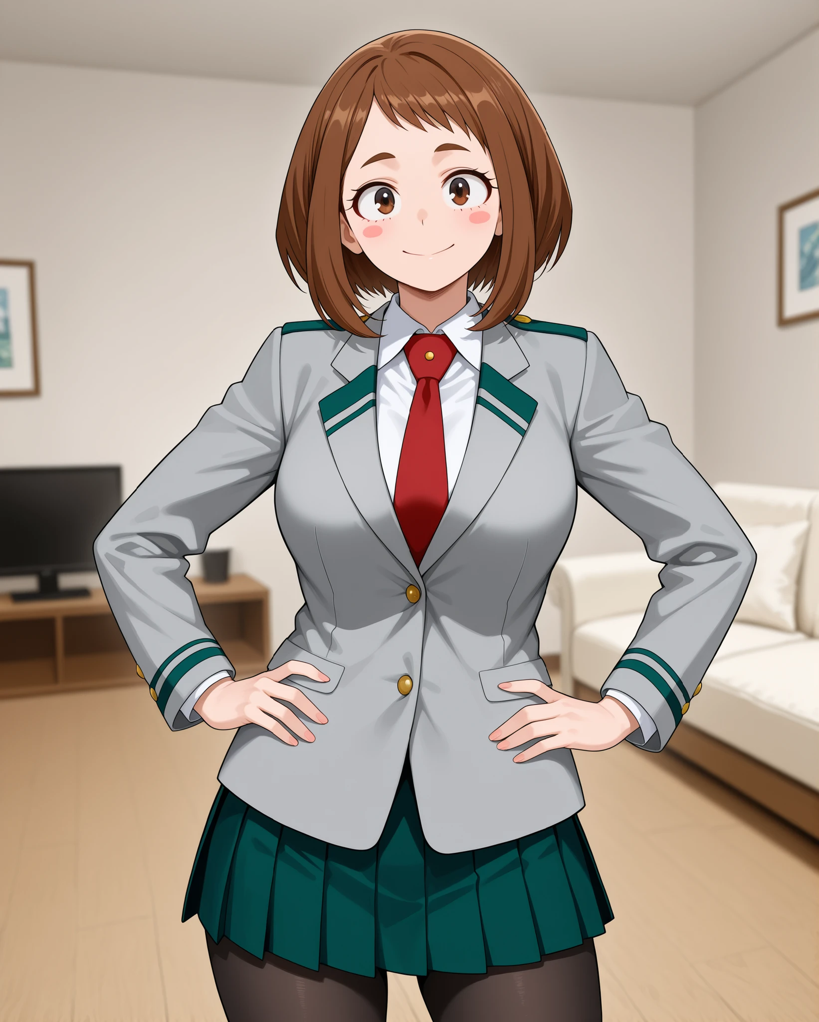 Ochako Uraraka\my hero academia\,
brown hair, brown eyes, short hair, blush stickers,
Ochako Uraraka\my hero academia\ outfit,
u.a. school uniform,
grey blazer, long sleeves, blazer,
white collared shirt, white shirt, collared shirt, red necktie,
green pleated skirt, skirt,
pantyhose, black pantyhose,
living room, sofa, blurry background,
1 girl, solo, wide shot,
happy, looking at viewer,
hands on hips, standing,
front view, from front,
eye-level shot, cowboy shot,
highres, detailxl, opaque clothes, IllusP0s, masterpiece, best quality, newest, source_anime, wide eyes, seductive female, realistic proportions, (mature female,) adult, aged up, slim,