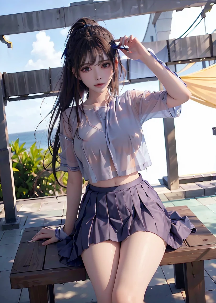 very cute and beautiful girl,(highly detailed beautiful face), white camisole,sitting,spread legs,white panties BREAK (smile),happy,looking at viewer,(pleated blue mini skirt:1.2), countryside,narrow river side,bridge,trees,summer,detailed landscape,black hair,twin braid, (best quality,masterpiece:1.2),absurdres,highres,ultra-detailed,extremely detailed,32k,8k resolution, intricate details,cinematic scene,detailed background,solo,dynamic angle,beautiful detailed sky,