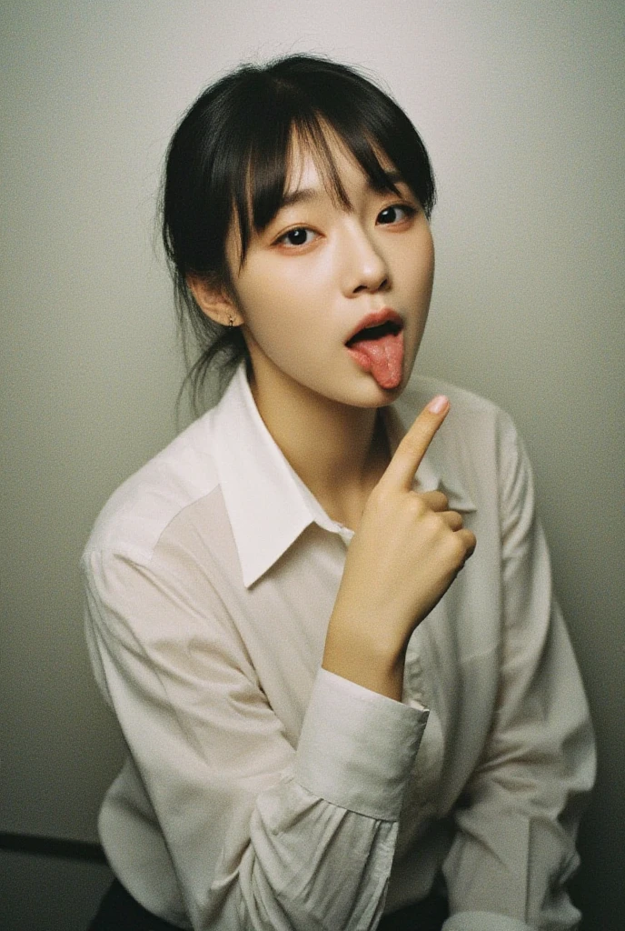 Sticking out pink wet tongue