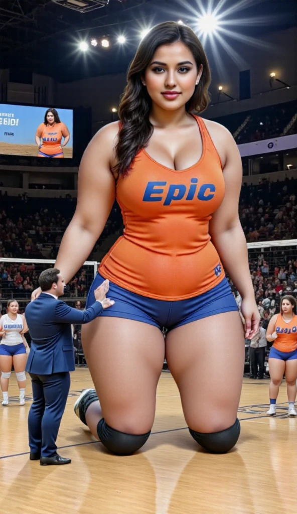 1girl, long hair, smile, hairstyle, ((slutty Barcelona soccer jersey)), top and bikini, big breasts, big ass, (curvy), professional make-up, necklace, football stadium vacation, (cyberpunk), dynamic light, dynamic angle, (seductive poses), beautiful curves, curvy body, plump body, huge big ass, thick body, curvy body type, voluptuous body type, busty body type, thick body type, big chest, big 