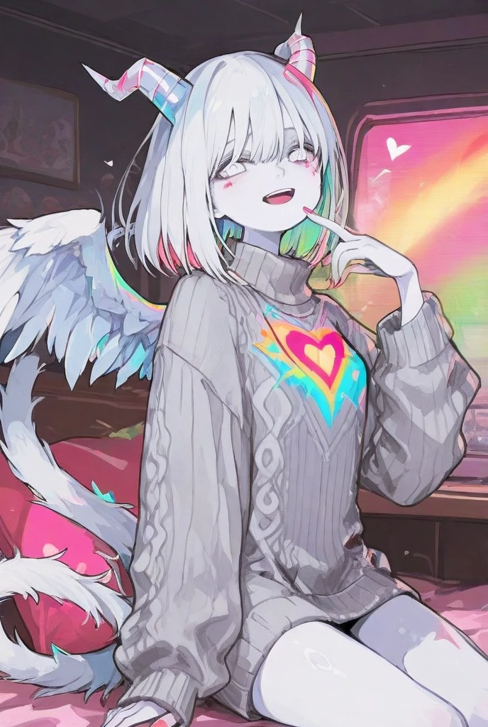 a cute adult male with wolf ears, white hair, has a wolf tail, wearing a loose cropped oversized black hoodie, wearing a pair of denim short shorts and fishnet stockings, thick thighs, wide hips, relaxing on mound of fluffy multi colored kawaii plushies, short, very slim, showing slender tummy, stretching out, heart on hoodie, squishy thighs, has glowing blue eyes. alone, solo (ALONE)(SOLO), surrounded by rainbows, colorful galaxy backround