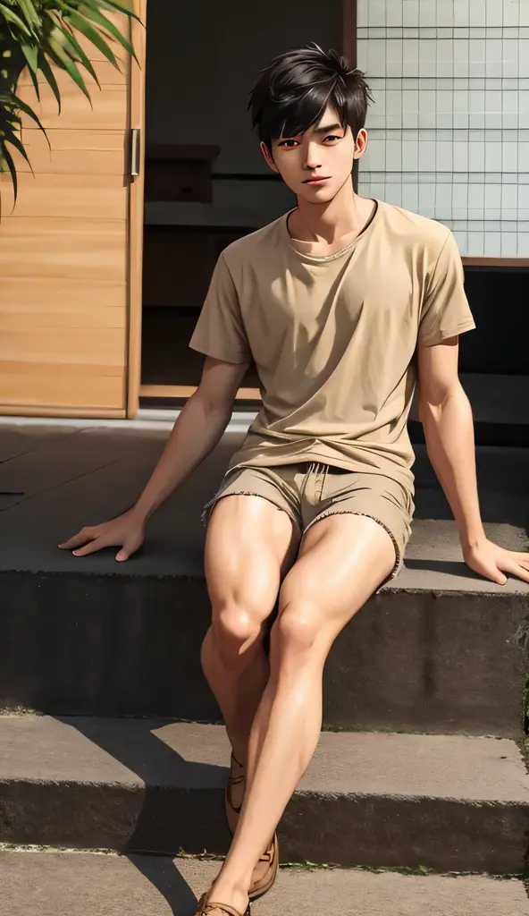 (hairy legs), (super sharp focus), (whole body), toned legs, two block, messy shortt hair, long legs, Japan Male, 27 years old, wearing beige shorts, wearing a t-shirt, very short hair, black hair