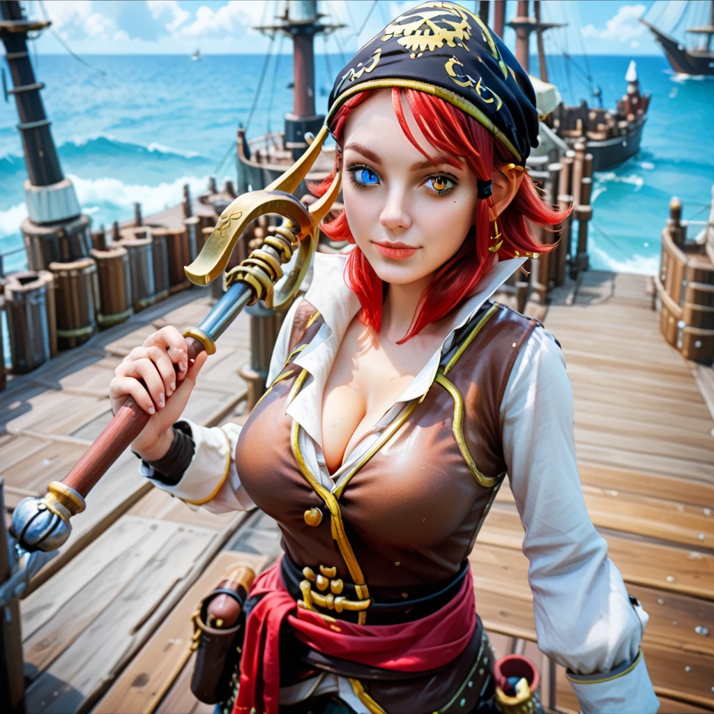 ((3d)), kndahart is a sexy pirate, cleavage, sails, jolly roger, pirate ship, best quality, <lora:XenoDetailer:.8>