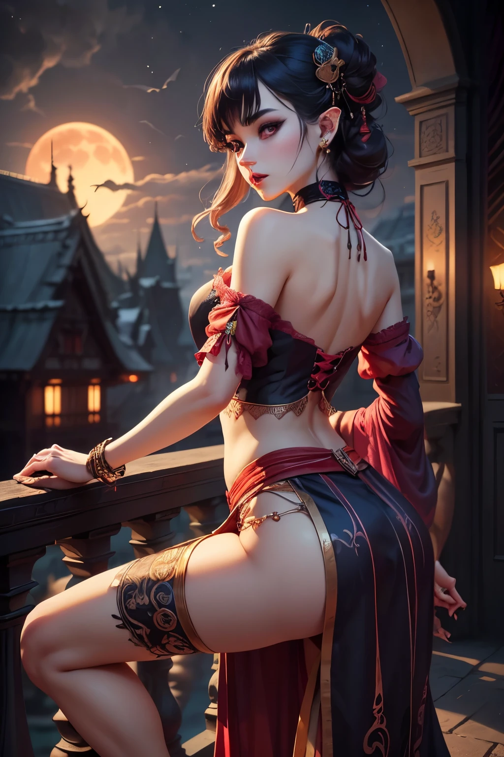 (A fusion of Ukiyo-e and dark fantasy. Aesthetic and gothic digital art. Illustrations are drawn from the perspective of looking up diagonally from the ground.) BREAK 
(Black hair. Blunt bangs. Black eyebrows. Long black eyelashes. Almond-shaped eyes. Ruby eyes. Dark, thick eyeliner. Small pink lips. Pierced ears. Translucent pale skin. Thin limbs. Thin fingers. ) BREAK 
(The world of the Dracula legend, set in medieval Romania. The night sky with a small, blood-red moon rising. Very dark and cold. A Dhampir woman, half vampire, half human, turns her back on the balcony of Count Dracula's stately Gothic castle and, in a daring pose and action, gracefully brandishes her saber beside a sheep-tooth plantation. The balcony is lined with ornate rococo candelabras and ornaments and is adorned with sculptures of Count Dracula and his beautiful wife. The women wear chokers adorned with colorful beads and red and blue jewels, and courtly tunics of crimson velvet, with Turkish silk cloth elegantly wrapped around their waists. She wears a lace skirt made of thin, sheer crimson organdie with a deep slit, laced sandals, and bracelets and anklets with beaded ornaments on her wrists and ankles. She weaves beautifully colored bird feathers into her hair.)