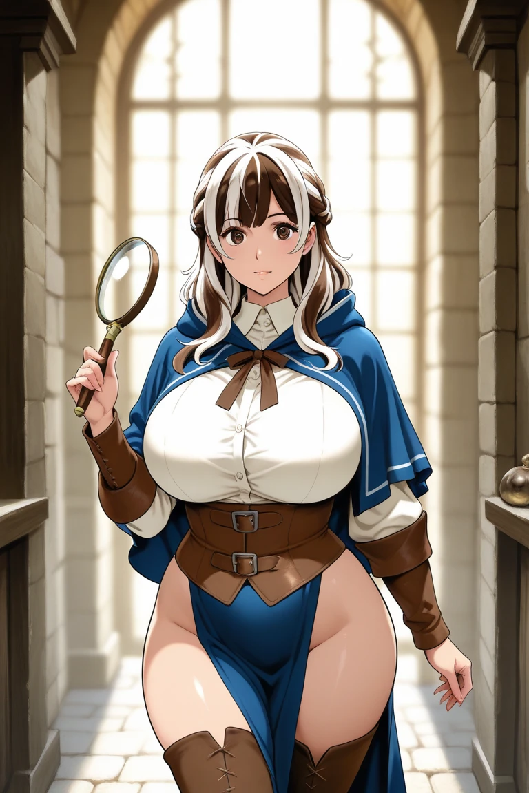 (masterpiece), best quality, expressive eyes, perfect face, tall, sexy body, tan skin, large breasts, in a fantasy Adventures guild standing in front of the quest board background, annoyed looking face, standing, smooth dark brown hair, extremely revealing leather armor, 1girl, brown panties, leather full body harness, cleavage fully visible, sexy body, dark skin, almost nude, panties connecting to chest piece