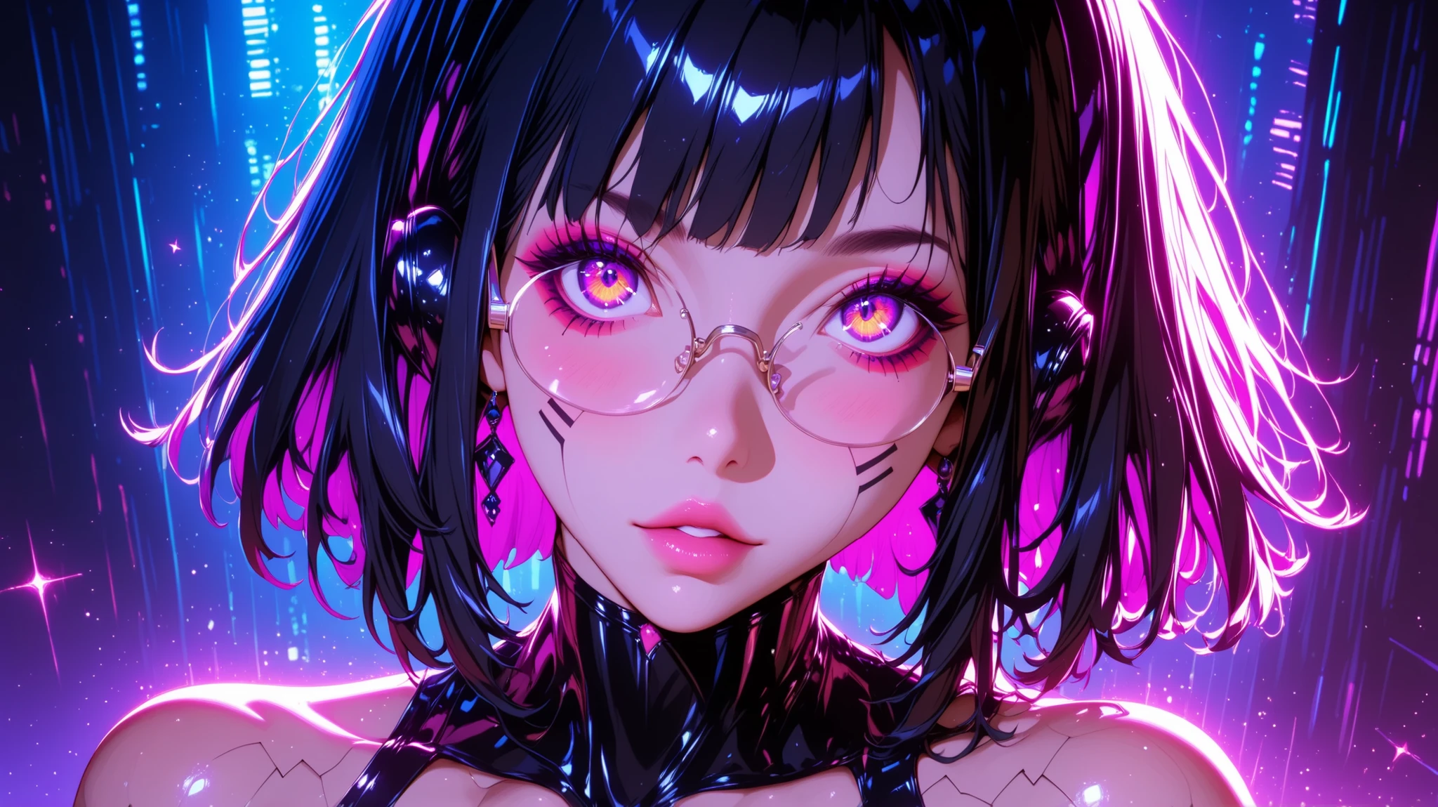 masterpiece, best quality, 1girl, solo, rbane, black hair, low twin braids, amber eyes, white veil, white flower, ((A Slavic-type girl in the cyberpunk style)) should have a bright and memorable appearance, combining elements of futurism and urban culture. Bright, neon, or metallic hair colors, possibly with gradients or strands. Futuristic makeup with sparkles, graphic elements or shining accents, clear realistic skin without tattoos
A tight-fitting multi-layered suit that includes combinations of leather and techno fabrics. Mechanical or cybernetic elements such as inserts or accessories. Glasses with electronic screens or visors. Headphones. Jewelry with LED lighting or technological patterns.
Cybernetic implants on the skin, for example, glowing tattoos or visually noticeable modifications. The girl embodies independence and strength, surrounded by tall buildings with neon lights or in the dark streets of the metropolis. High detail, 8k quality