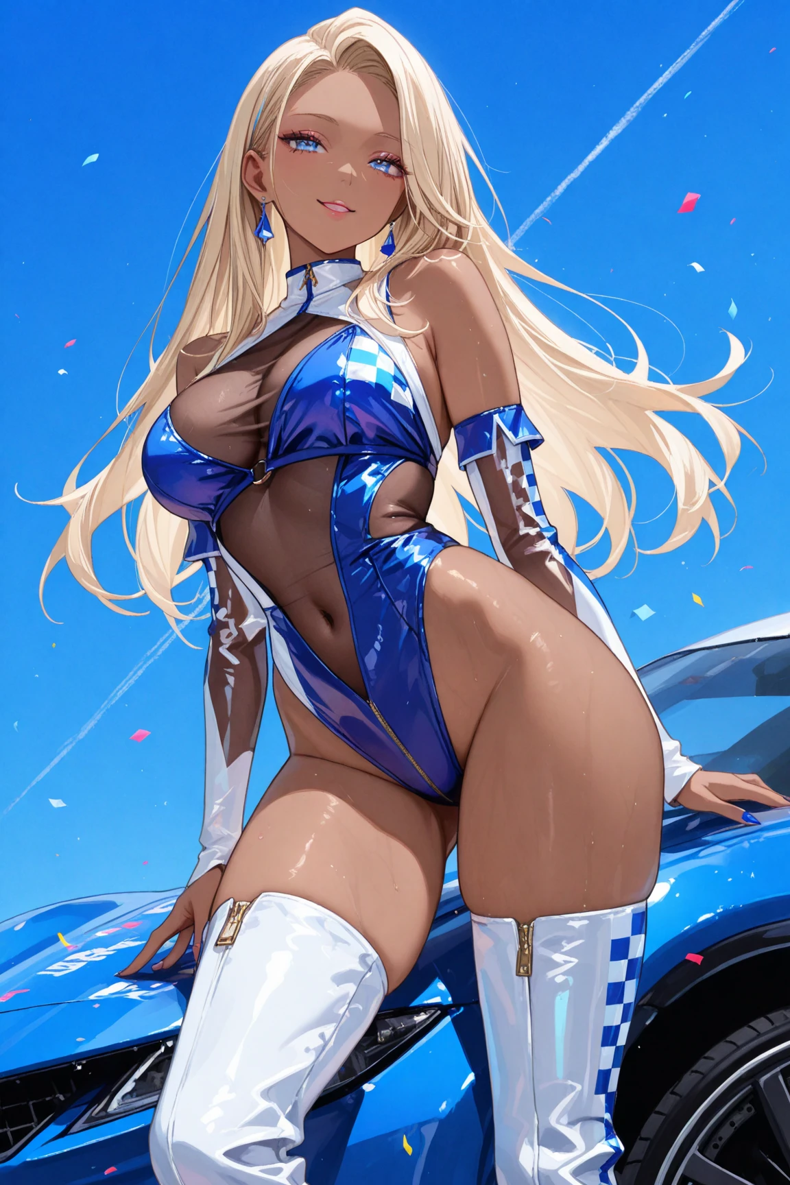 Super detailed、highest quality、Best image quality、masterpiece、8K、Anime Face、A kind smile、Open Mouth、Sparkling Blue Eyes、(Long blonde wavy hair:1.5)、Heavy bangs、Wearing a maid headband、(SFW huge body)、(((Rear view)))、Cowboy Shot、(Wearing a white thong:1.3)、Muscles of the whole body、(Place your hands on your hips:1.2)、(Leaning on a sports car:1.5)
