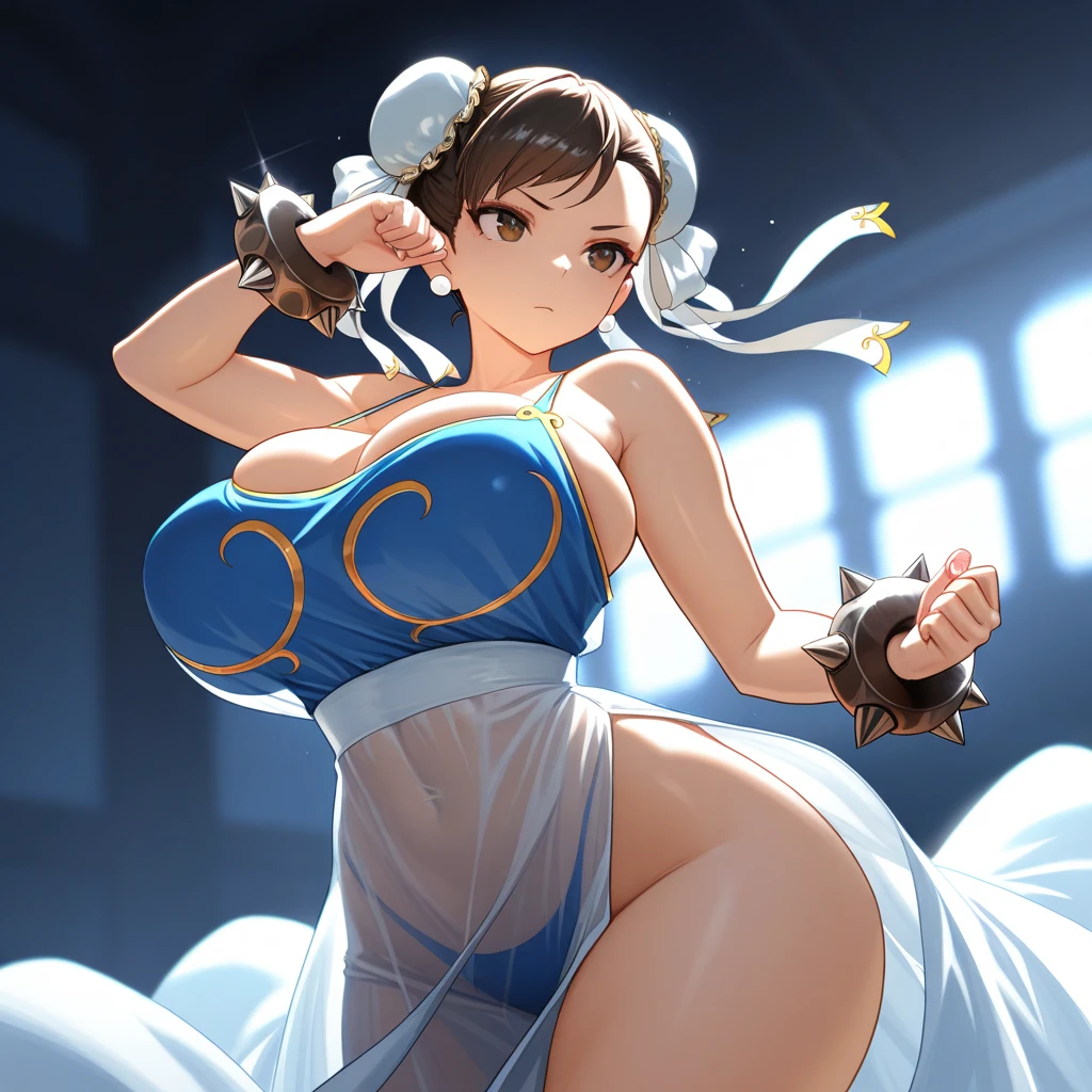 Close up portrait of a woman in a blue and white costume, portrait of chun - li, chun - li, Chun-li, chun li, portrait of chun li, chun li at the gym, very detailed Artgerm, Trending on CGSTATION, by Leng Mei, Seductive Anime Girl, Voluptuous body, curvy body, Tifa Lockhart, Naughty anime style, plus size model, Scruffy body,Erotic manga style body,